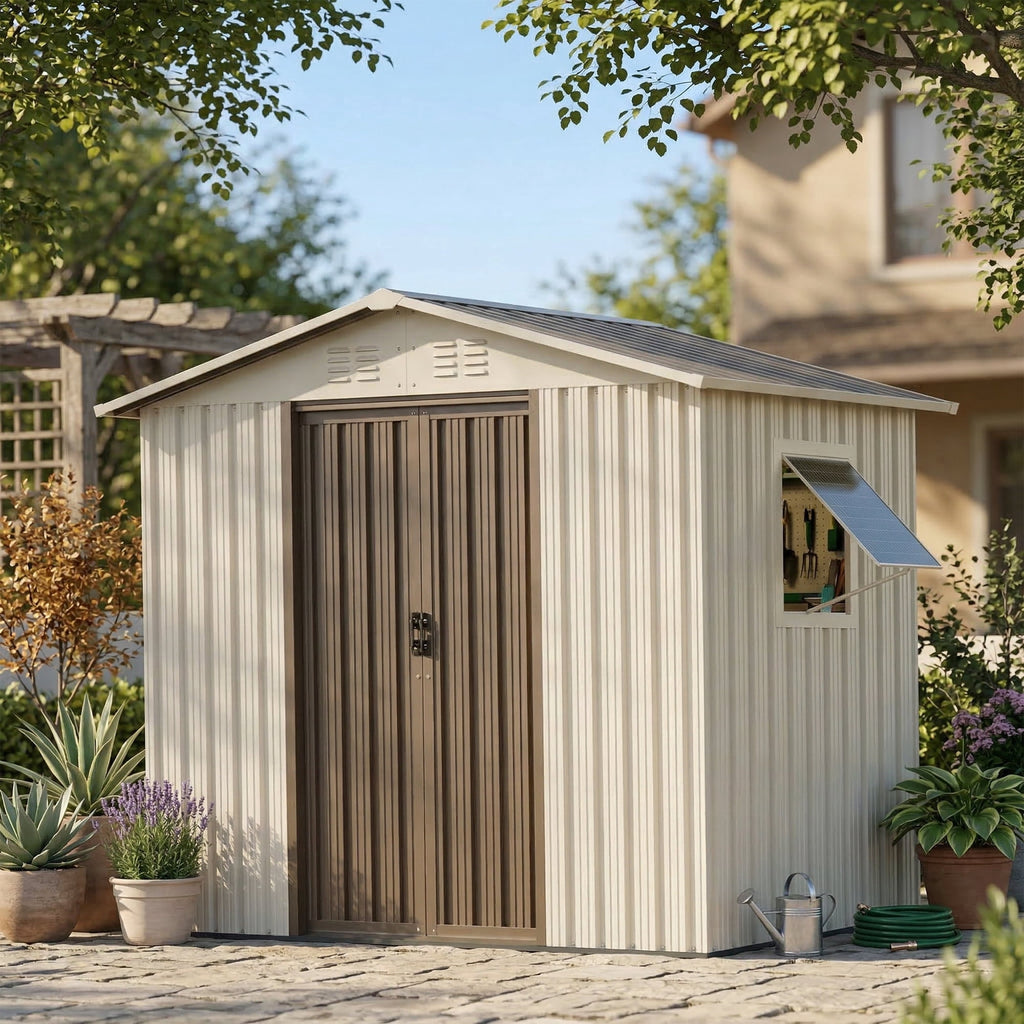 6x4 Outdoor Steel Storage Sheds, Metal Tool Outdoor Shed,With Windows& Air Vent&Gloves,for Backyard,Garden,Lawn,Creamy white