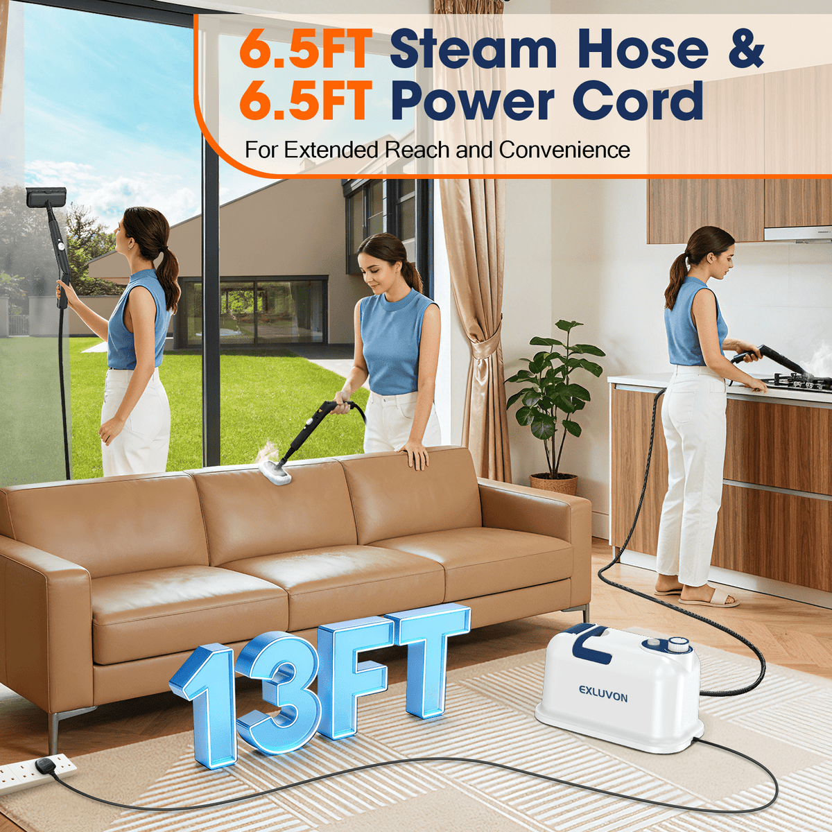 EXLUVON Portable Steam Cleaner - 1500W, 15s Fast Heat, 221°F High Temp, Handheld Steam Cleaner with 1500ml Tank, for Grout, Cars, Upholstery Cleaning